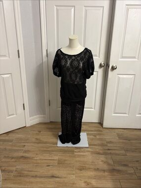 Black Lace 2 piece Pants and Shirt with Sheer Overlay - Women's